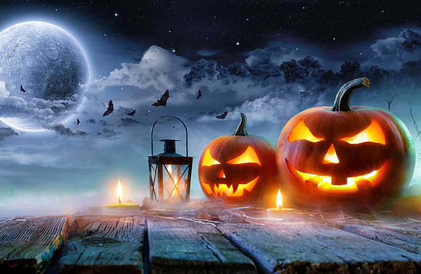 Fröhliches Halloween, Halloween, Nacht, Mond, Luna, Kürbis, Laterne, Orange HD-Hintergrundbild