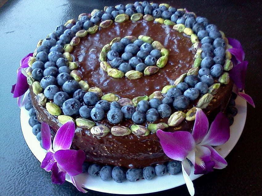 Happy Birtay!, blau, süß, Schokolade, Heidelbeere, Dessert, Kuchen, Pistazie, Trüffel, lila, rosa, Happy Birtay, Blume, Orchidee HD-Hintergrundbild