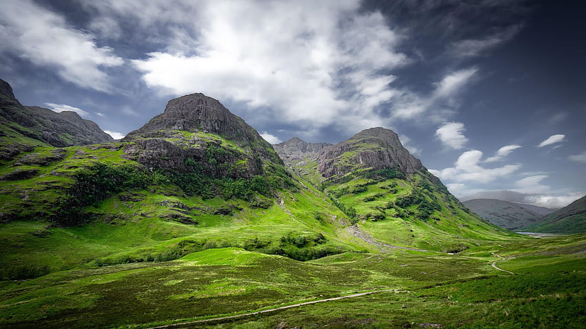 Glencoe, Scotland, sky, hills, landscape, clouds, trees, grass HD wallpaper