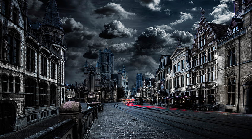 Stadt Zeitraffer Wolke Kathedrale Gent Belgien Stadt Dunkel Gebäude Architektur Nachtblau - Auflösung: HD-Hintergrundbild