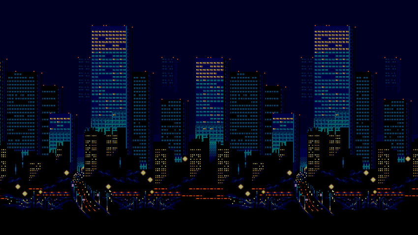 General pixel art 16-bit Sega Streets of Rage city skyline night urban HD wallpaper