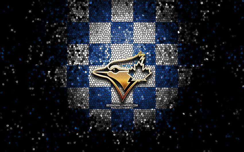 Toronto Blue Jays-Emblem, Glitzerlogo, MLB, blau-weiß karierter Hintergrund, amerikanisches Baseballteam, Major League Baseball, Mosaikkunst, Baseball, Toronto Blue Jays HD-Hintergrundbild