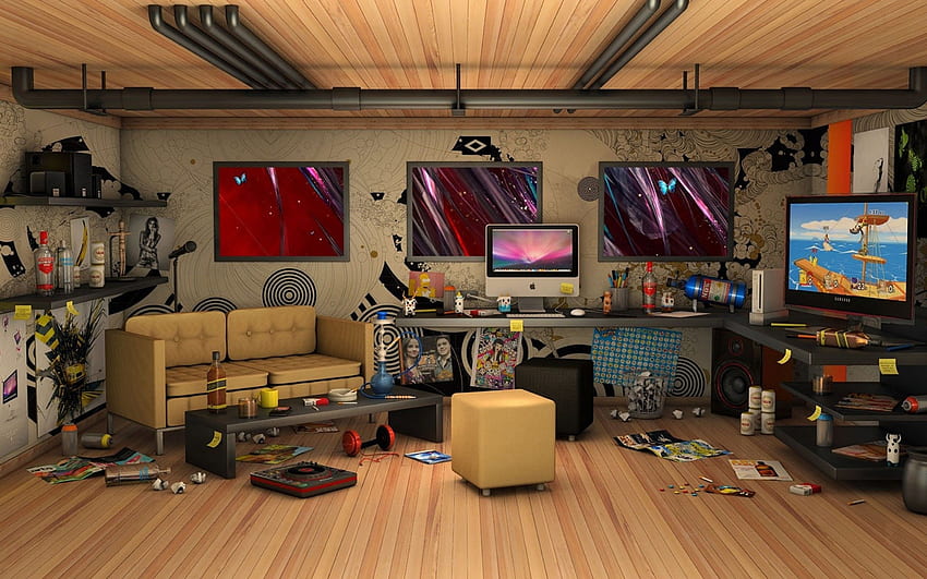 3D Messy Living Room คอมพิวเตอร์ IMac ห้อง, ห้อง, ห้องเทค, ห้อง วอลล์เปเปอร์ HD