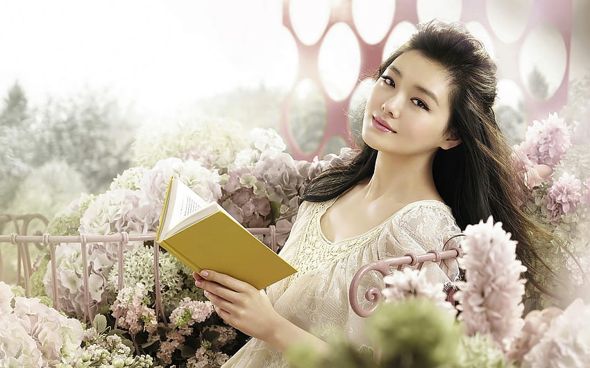Lovely flower girl, black, colors, girl, beautiful, spring, beauty, book, flower, love, lovely HD wallpaper
