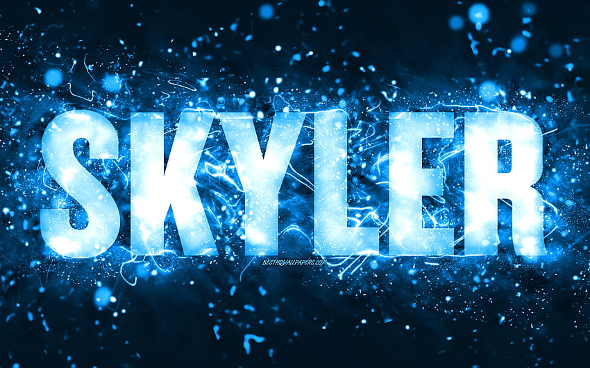 Happy Birtay Skyler, luces de neón azules, nombre de Skyler, creativo, Skyler Happy Birtay, Skyler Birtay, nombres masculinos estadounidenses populares, con el nombre de Skyler, Skyler fondo de pantalla