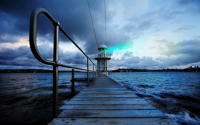 Lighthouses: Lighting Dark Gray Ocean Greenligh Clouds Boardwalk HD wallpaper