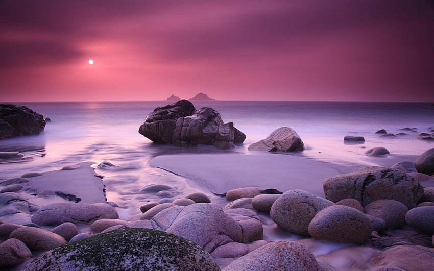 Horizont rosa Strand Himmel Felsen Wolke Natur lila Sonne Ufer Felsen Dunst HD-Hintergrundbild