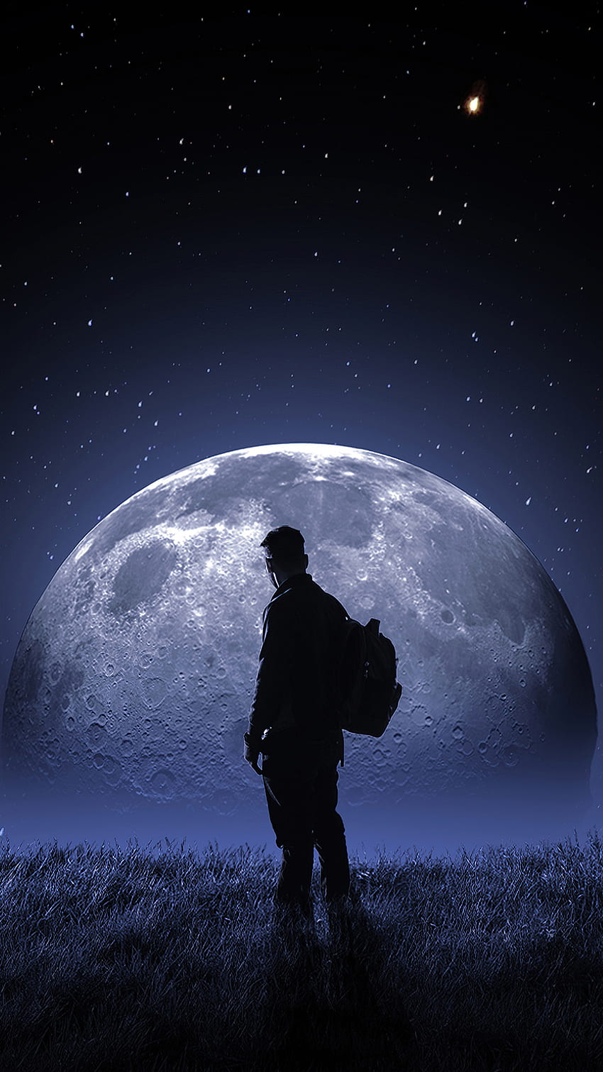Uomo solitario, atmosfera, uomo solitario, che cammina sotto la luna piena, mezzanotte, luna, luna piena Sfondo del telefono HD