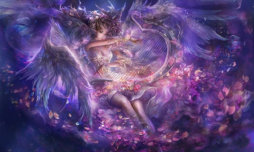 Angel with Harp, hevenly, angel, fantasy, harp HD wallpaper