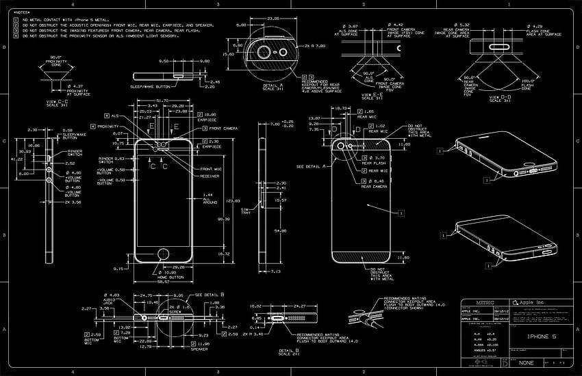 rysunek techniczny iPhone'a 5. Plany, ilustracja techniczna, najnowszy iPhone, rysunek mechaniczny Tapeta HD
