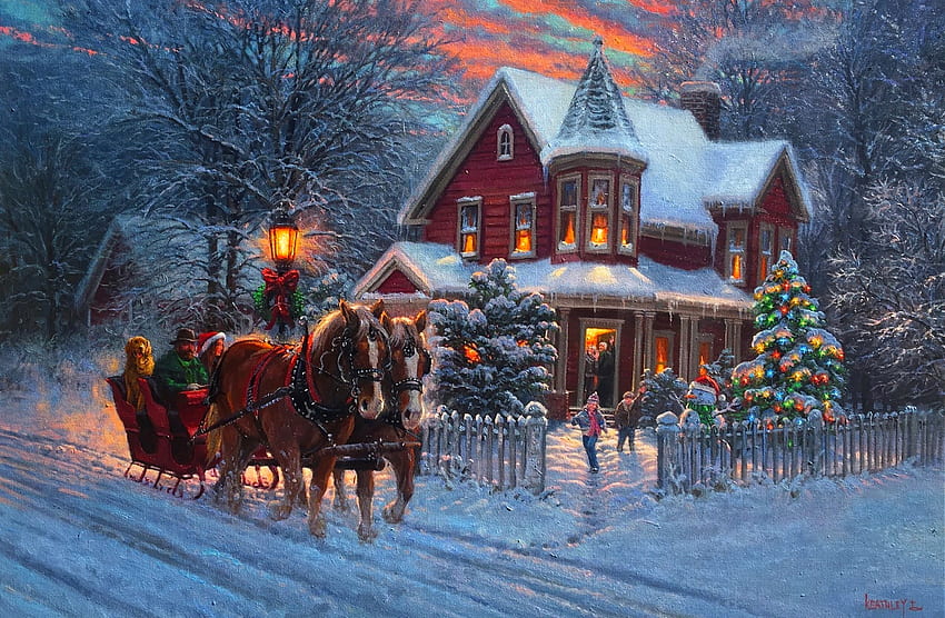 Home for Christmas, frost, art, house, beautiful, snowman, horses, holiday, sleigh, painting, Christmas, snow, snowfall, evening, countryside, winter, homse, kids, family HD wallpaper