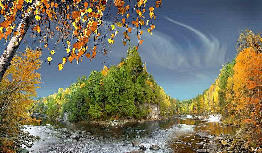 Есен на реката, синьо, цветно, красота, фон, дървета, есен, невероятно, вода, пейзаж, популярни, сезони, красиви, скали, дърво, камъни, листа, зелено, жълто, облаци, природа, небе, реки HD тапет