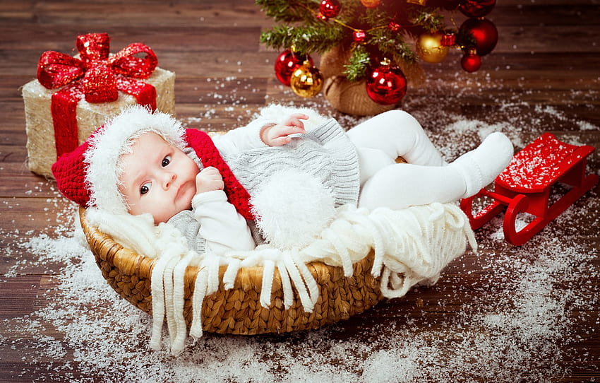 basket, hat, toys, child, baby, Christmas, gifts, Christmas, New Year, child, baby, infant for , section новый год, Christmas Babies HD wallpaper
