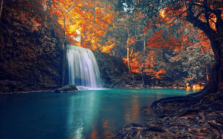 Sun Rays Over The Waterfall, golden, Thailand, tropical, beautiful, sun rays, roots, turquoise, red, waterfall, trees, autumn, forest, sunset HD wallpaper