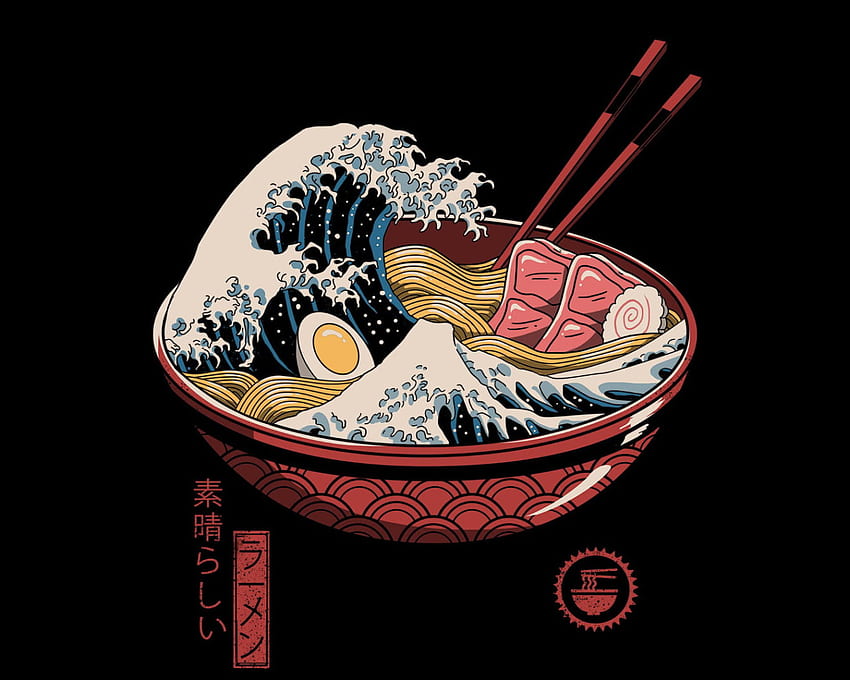 Ramen, fale, pałeczki, pałeczki, jajka, japoński, jedzenie, Wielka fala u wybrzeży Kanagawy • For You For & Mobile, Aesthetic Kanagawa Tapeta HD