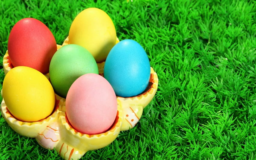 Великденски яйца, шарени, трева, Великден, яйца HD тапет