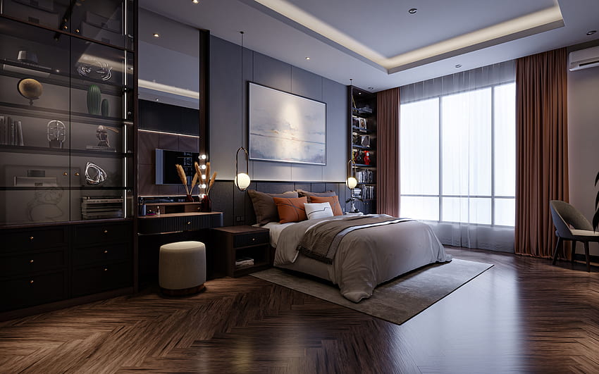 stilvolles schlafzimmerdesign, braunes holz im schlafzimmer, schlafzimmeridee, modernes innendesign, schlafzimmer HD-Hintergrundbild