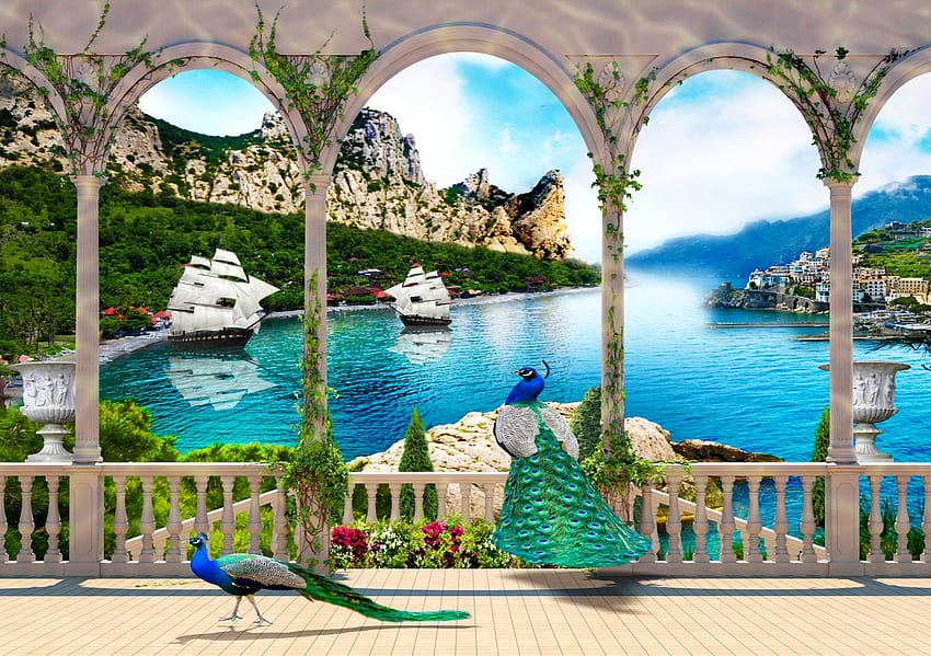Coastal paradise, sea, coast, paradise, beautiful, rocks, beach, lake, sailboats, view, peacock, lovely, terrace HD wallpaper