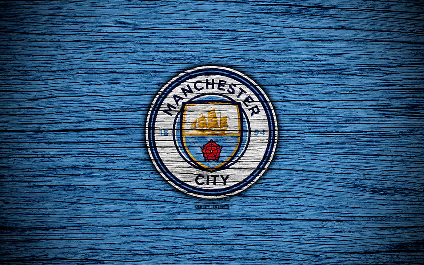 Manchester City, , Premier League, logo, Angleterre, texture en bois, FC Manchester City, football, Man City, football, Manchester City FC pour avec résolution . Haute qualité Fond d'écran HD