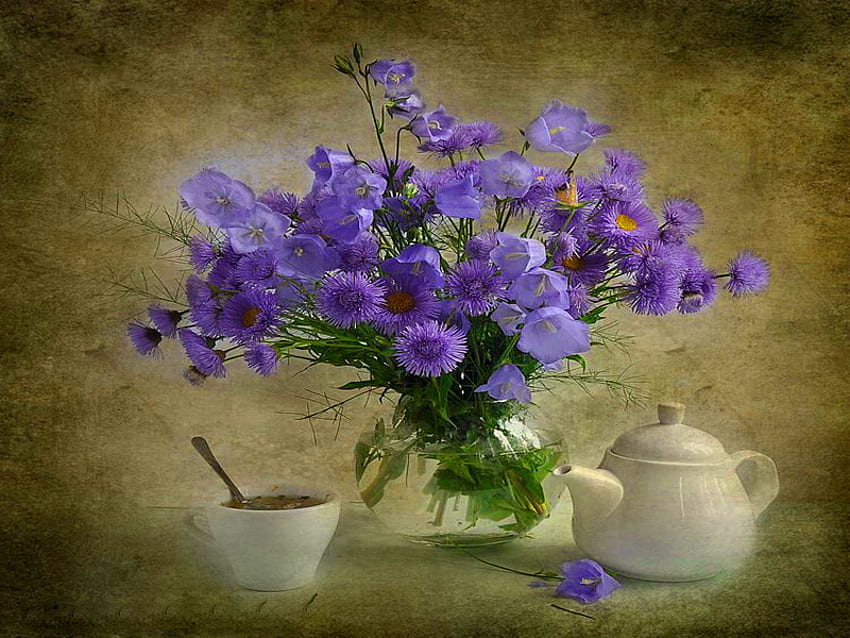 Natürmort, mavi, çay, vazo, güzel, hoş, narin, güzel, kahve, çiçekler, sevimli, uyum HD duvar kağıdı