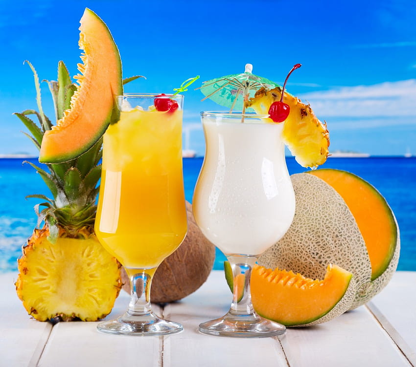 Cocktail tropicali, mare, estate, cocktail, succhi, tropicali, frutta, bevande, freschi Sfondo HD