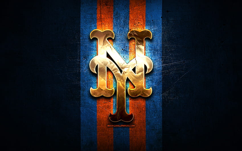 สัญลักษณ์ New York Mets, MLB, สัญลักษณ์สีทอง, พื้นหลังโลหะสีน้ำเงิน, ทีมเบสบอลอเมริกัน, เมเจอร์ลีกเบสบอล, เบสบอล, New York Mets, NY Mets วอลล์เปเปอร์ HD
