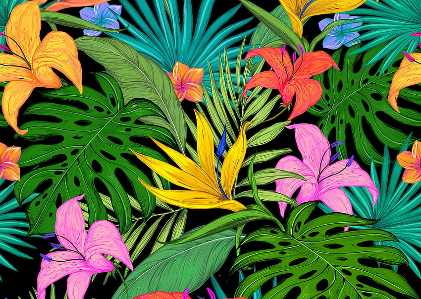 Tropical art again, summer, colorful, background, leaves, art, pretty, tropical, flowers HD wallpaper