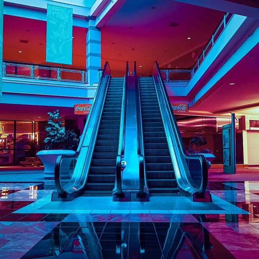 Eskalator 80s wave mall pusat perbelanjaan besar warna neon gelombang retro 90an 00an. Gelombang retro, Retro, Grafik gelombang wallpaper ponsel HD