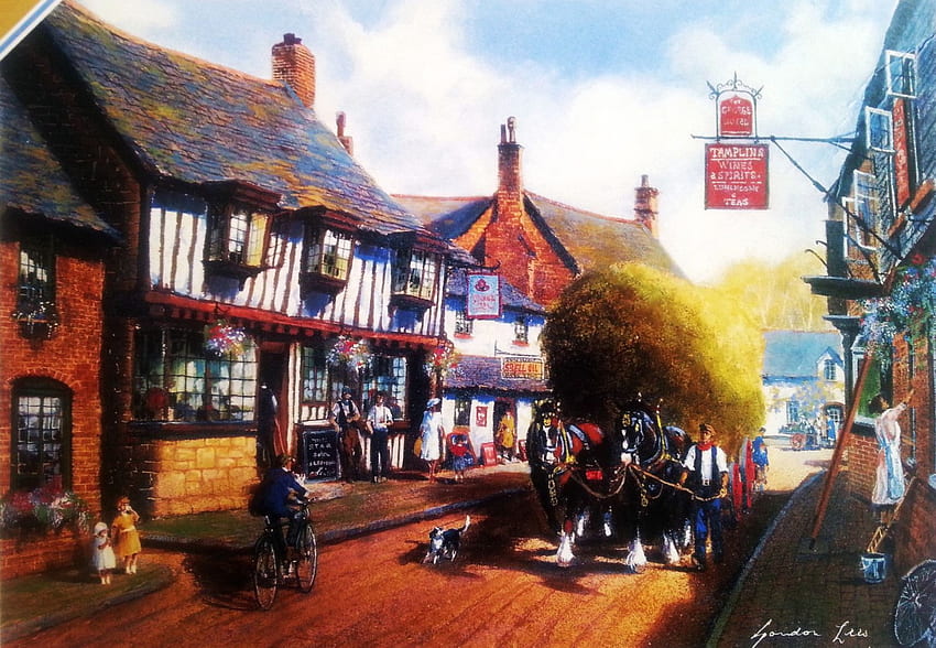 Old English Village, artwork, horses, street, houses, vintage, cart HD wallpaper
