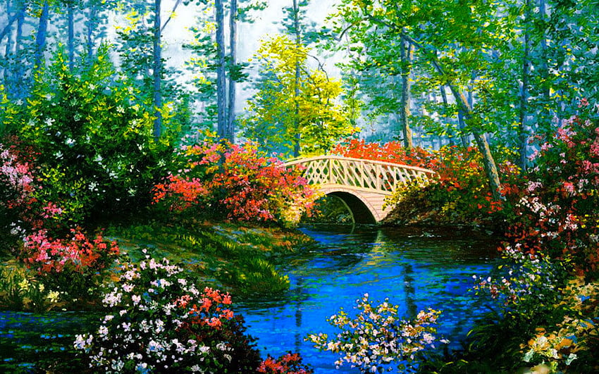 Bridge in summer garden, art, garden, beautiful, serenity, tranquil, lake, park, summer, painting, pretty, bridge, trees, flowers, pond HD wallpaper