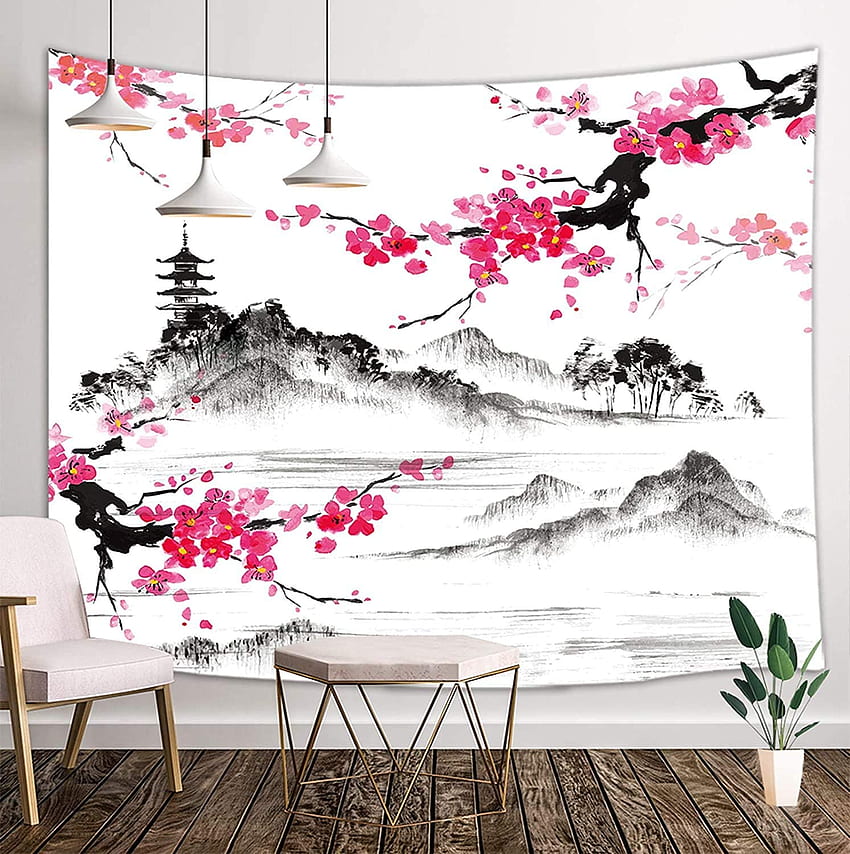 japoński gobelin, azjatyckie anime góra Fuji z kwiatami wiśni sakura gobelin ścienny wiszący do salonu dekoracja sypialni w akademiku, czarno-biały gobelin, 80x60 cali japonia różowy gobelin : dom i góra Fuji anime Tapeta na telefon HD