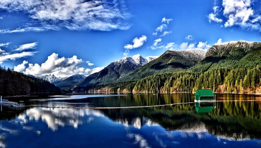 Lake, sky, mountains, caban HD wallpaper