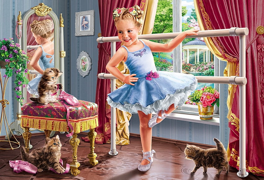 Ballerina Girl, cats, girl, painting, dance HD wallpaper