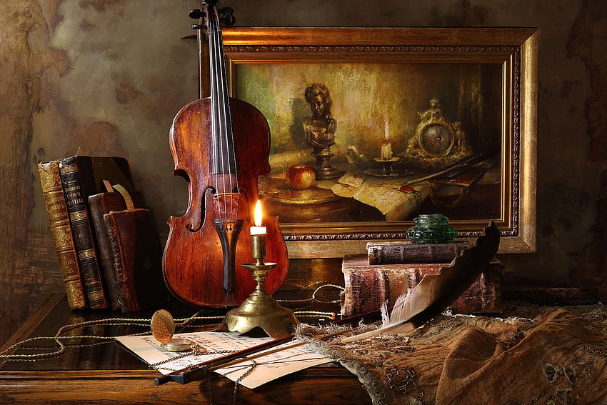 Bodegón con violín y pintura II, violín antiguo fondo de pantalla