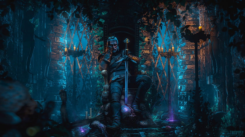 Rivialı Geralt, The Witcher, video oyunu, taht, karanlık HD duvar kağıdı