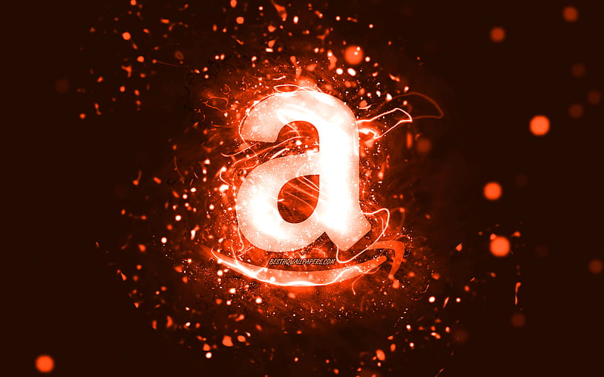 Amazon orange logo, , orange neon lights, creative, orange abstract background, Amazon logo, brands, Amazon HD wallpaper