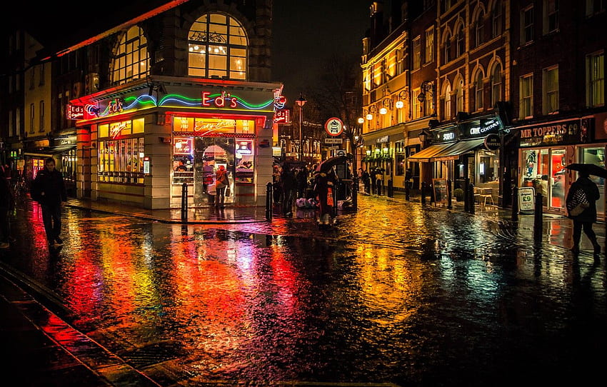 ライト、色、夜、人々、ロンドン、イギリス、反射、通り、街並み、雨、都市のシーン、セクション город - 、カラフルなシーン 高画質の壁紙