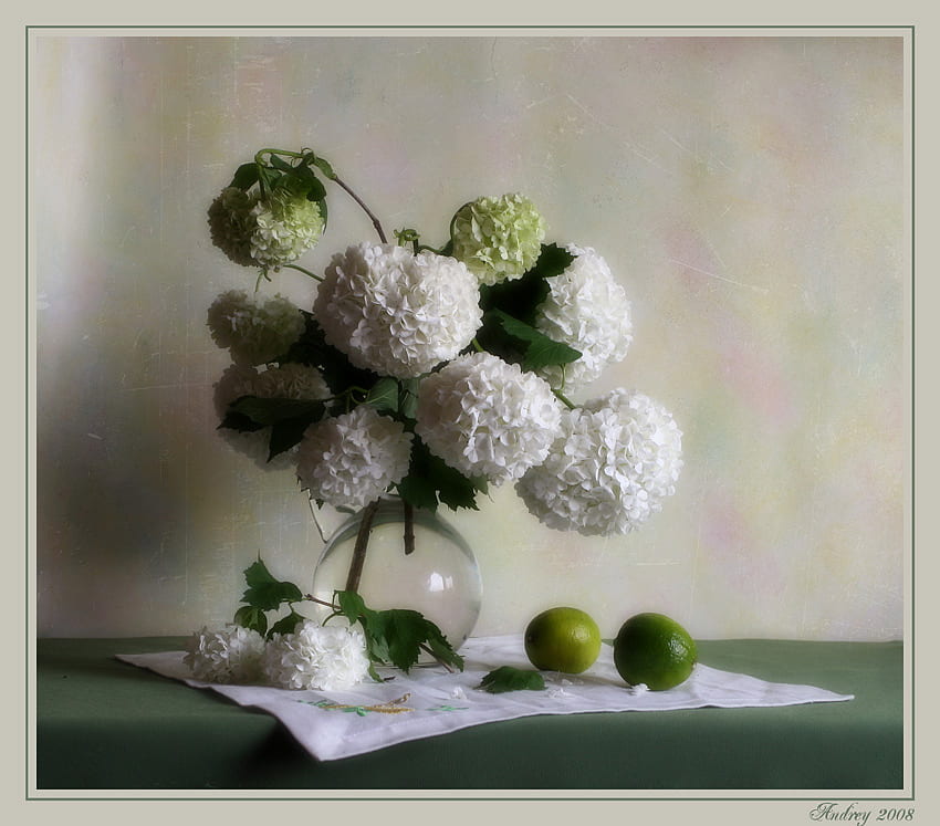 vert et blanc 5, art, nature morte, vase en verre, citrons verts, eau, fleurs blanches, agréable Fond d'écran HD
