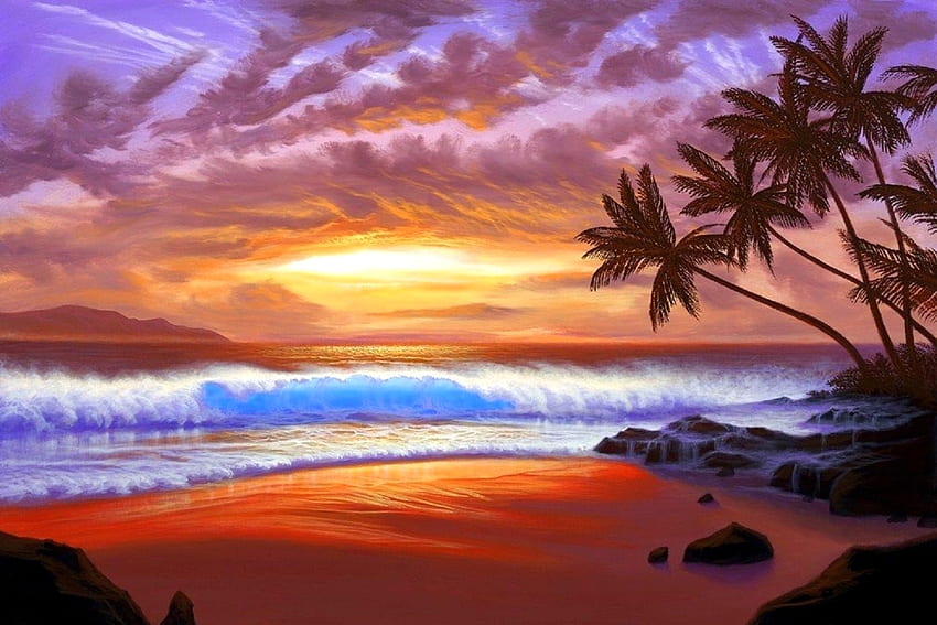 Dream of Paradise, sea, oceans, beaches, attractions in dreams, paradise, paintings, summer, love four seasons, clouds, nature, sky, palm trees HD wallpaper