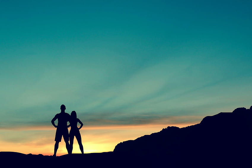 : top, adventure, hiking, travel, couple, dom, hiker, trekking, man, silhouette, backpacker, nature, sky, blue, sunset, sunrise, landscape, fitness, sports, fit, together, active, athlete, athletic, coach, exercise, female, cloud, horizon, Woman Hiking HD wallpaper