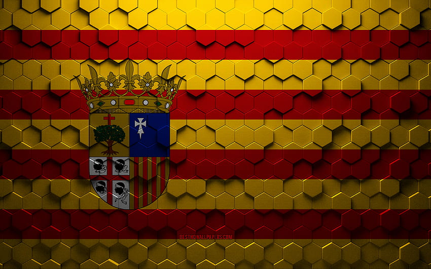 Flag of Aragon, honeycomb art, Aragon hexagons flag, Aragon, 3d hexagons art, Aragon flag HD wallpaper