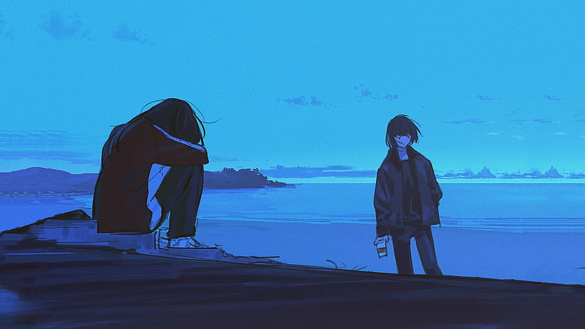 Female and male anime characters, beach, digital art, blue, sad HD wallpaper