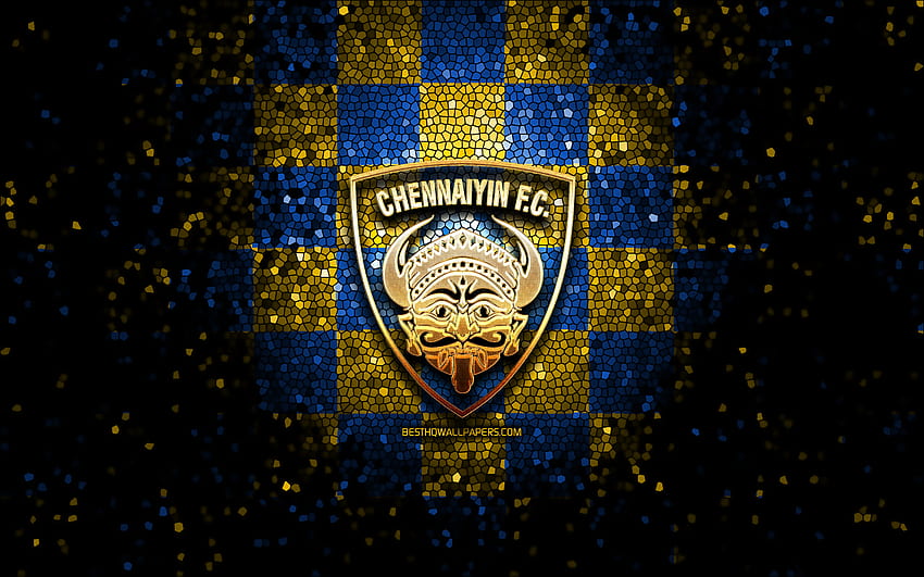 Chennaiyin FC, блестящо лого, ISL, синьо-жълт кариран фон, футбол, индийски футболен клуб, лого на Chennaiyin FC, мозаечно изкуство, футбол, FC Chennaiyin, Индия HD тапет