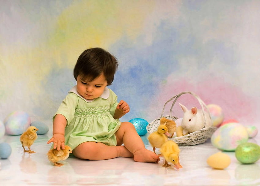 First Easter, bunnies, baby, chicks, easter, girl, eggs, pastels HD wallpaper