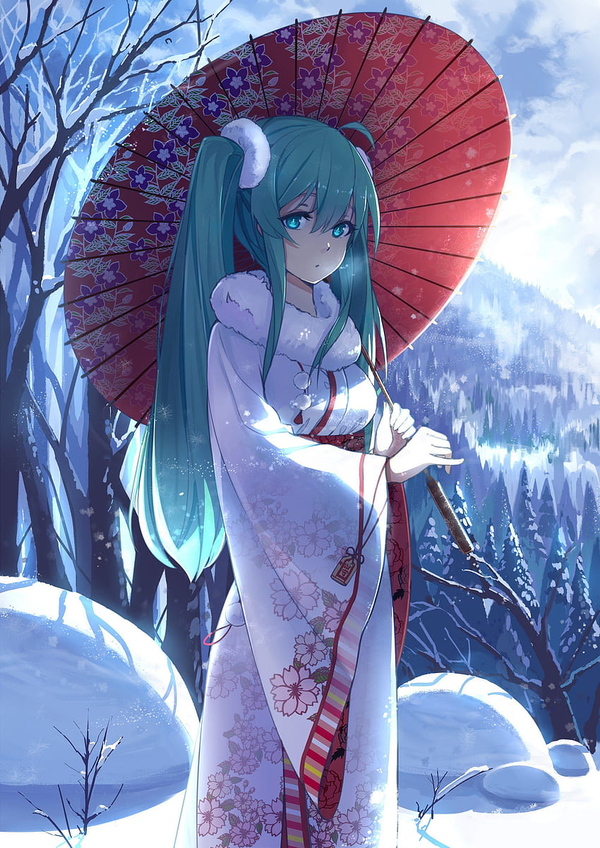 Vocaloid, Hatsune Miku, Foresta, Abbigliamento tradizionale, Kimono, Snow Miku Sfondo del telefono HD