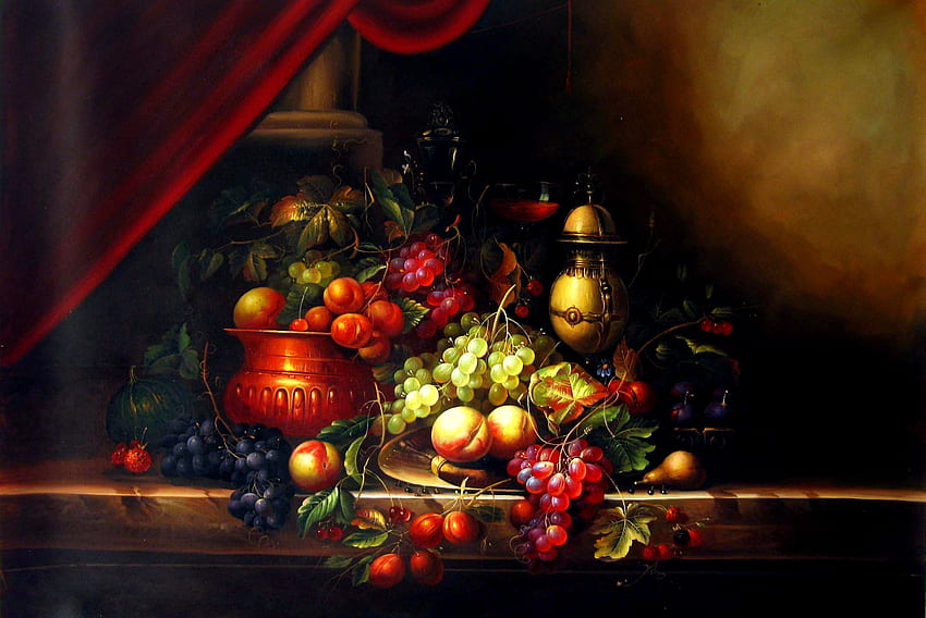 Study In Light, tirai merah, benda mati, meja, lukisan, buah-buahan Wallpaper HD