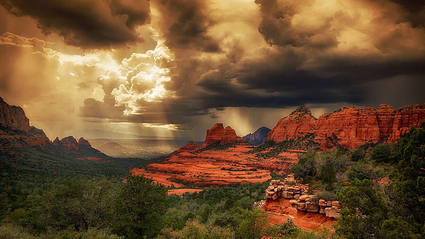 アリゾナ州セドナの夏の嵐、風景、雲、空、岩、アメリカ 高画質の壁紙