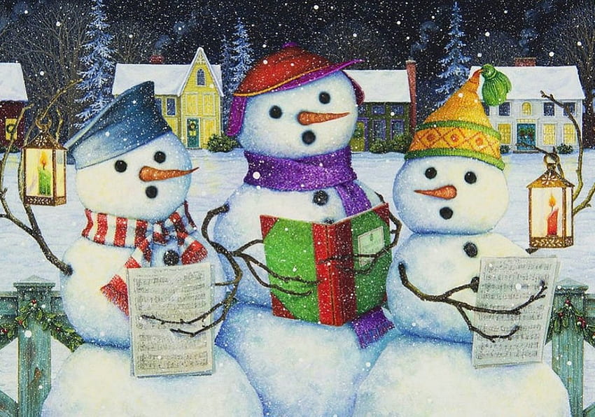 Caroling, hiver, œuvres d'art, peinture, vêtements, bonhommes de neige Fond d'écran HD
