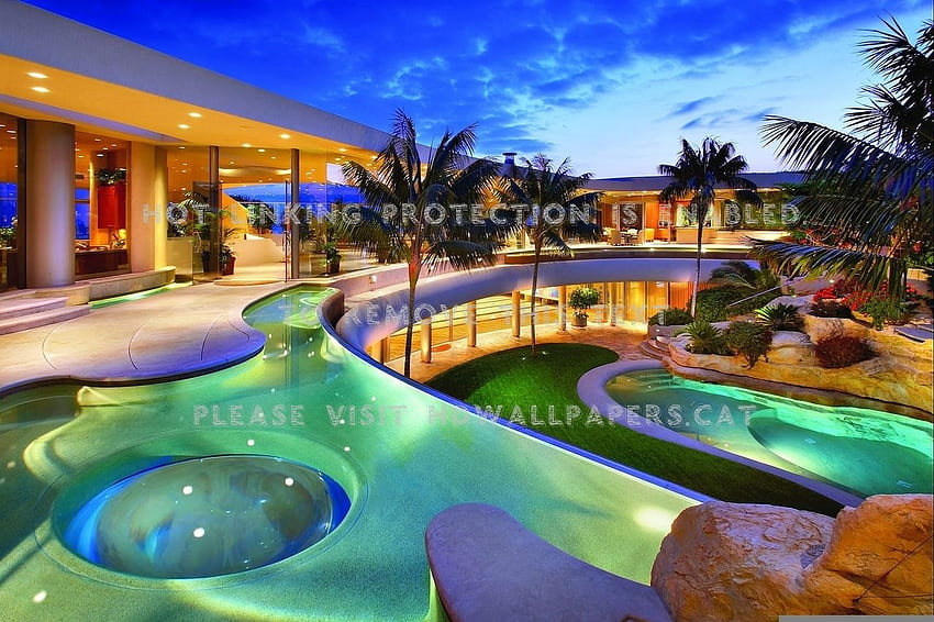 luxury homes house lighting night pool, Luxury Mansion HD wallpaper