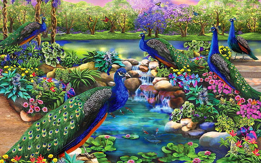 Pavoni e giardino di fantasia. Pavoni & Fantasia, Giardino 3D Sfondo HD